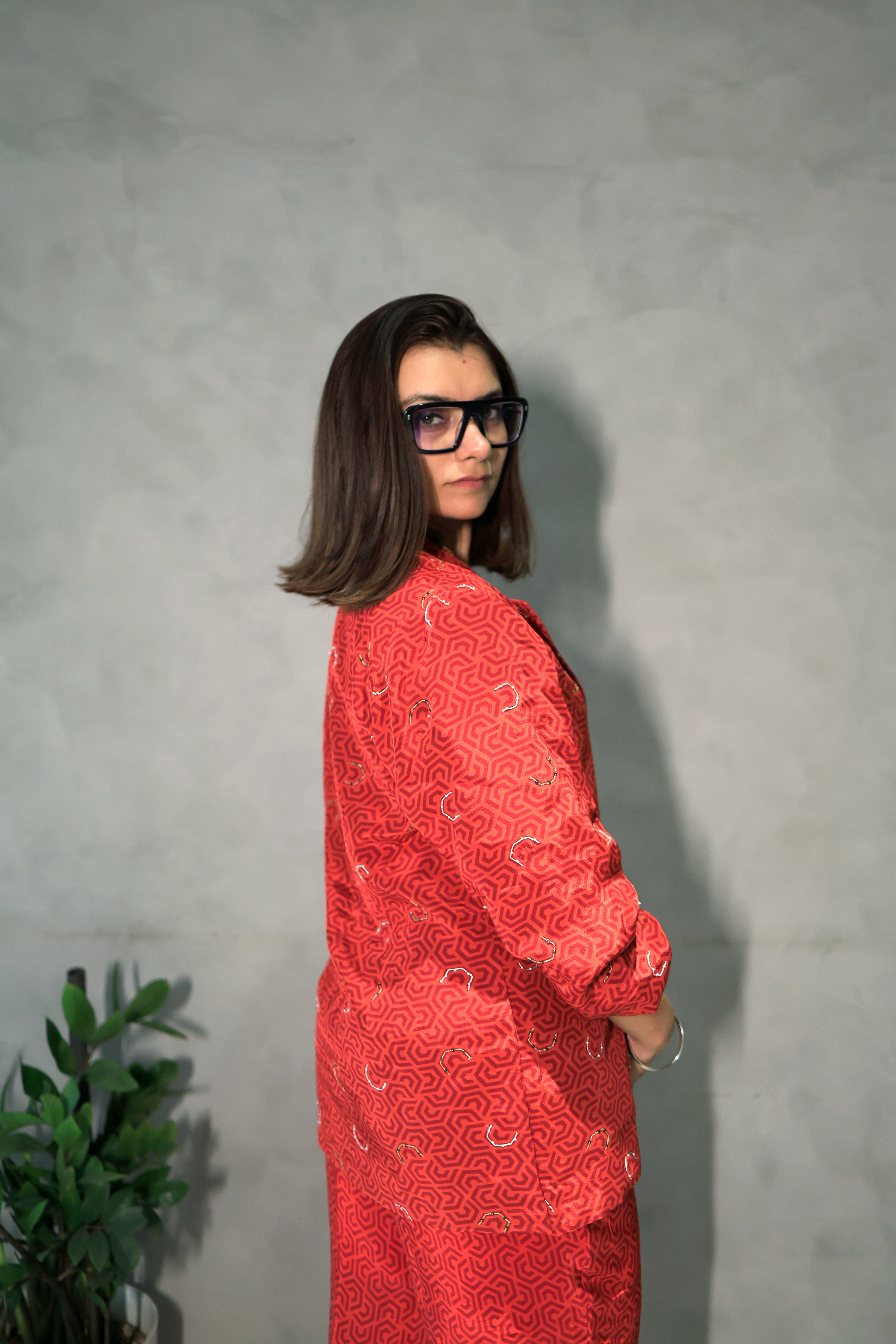 Red Ruby Geometric Blazer Co-Ord Set