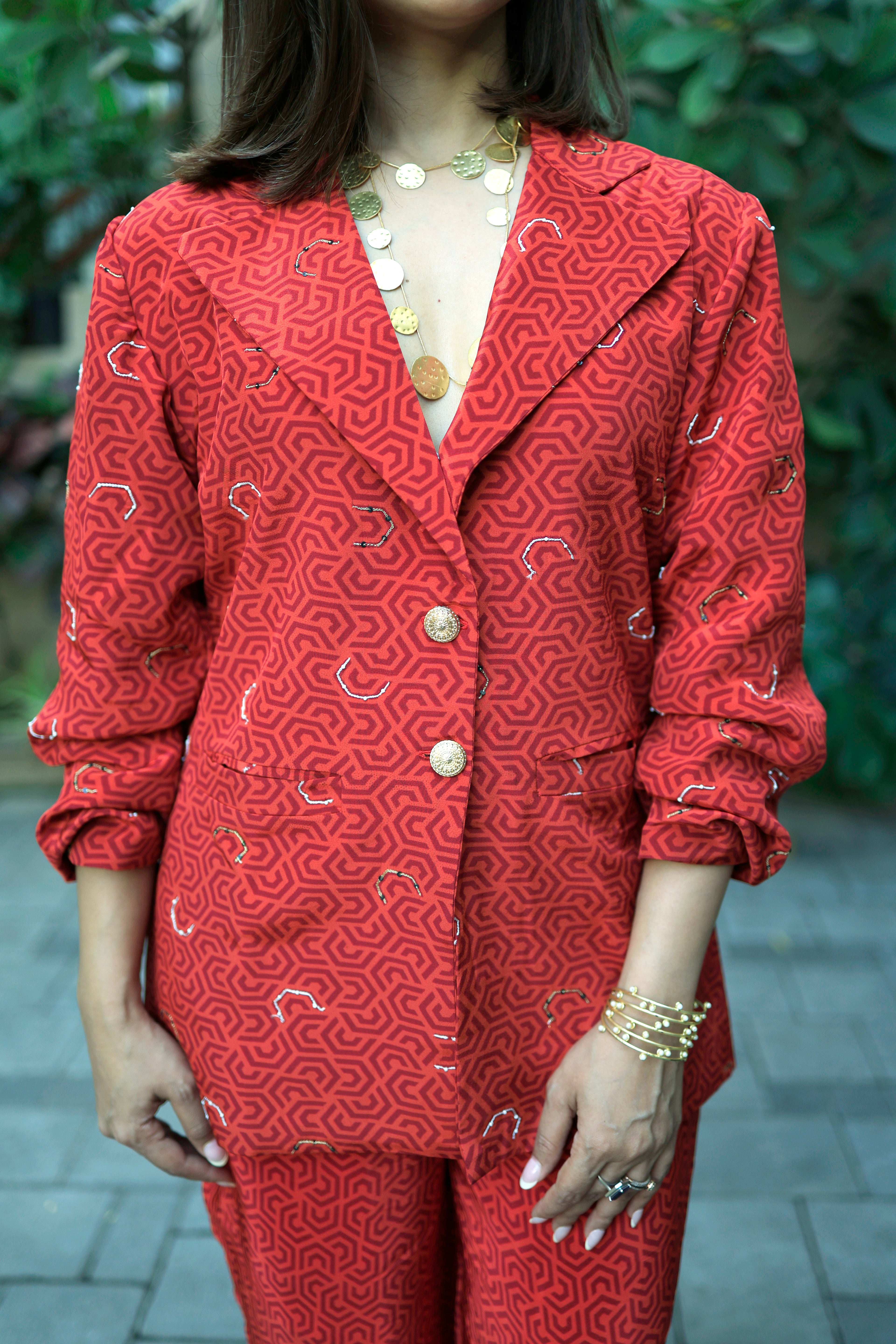 Red Ruby Geometric Blazer Co-Ord Set