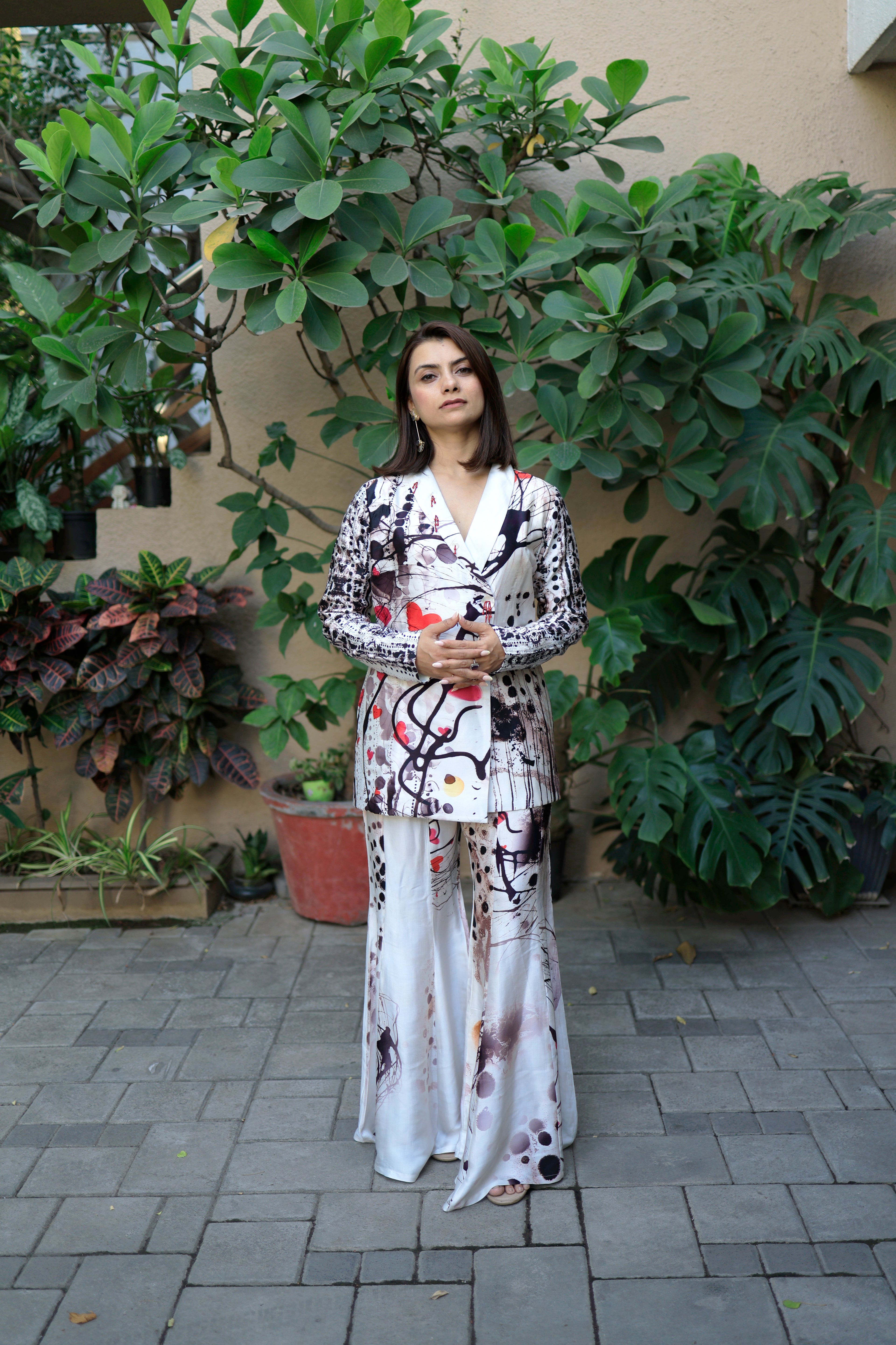 White and Black Abstract Ink Print Blazer Co-Ord Set