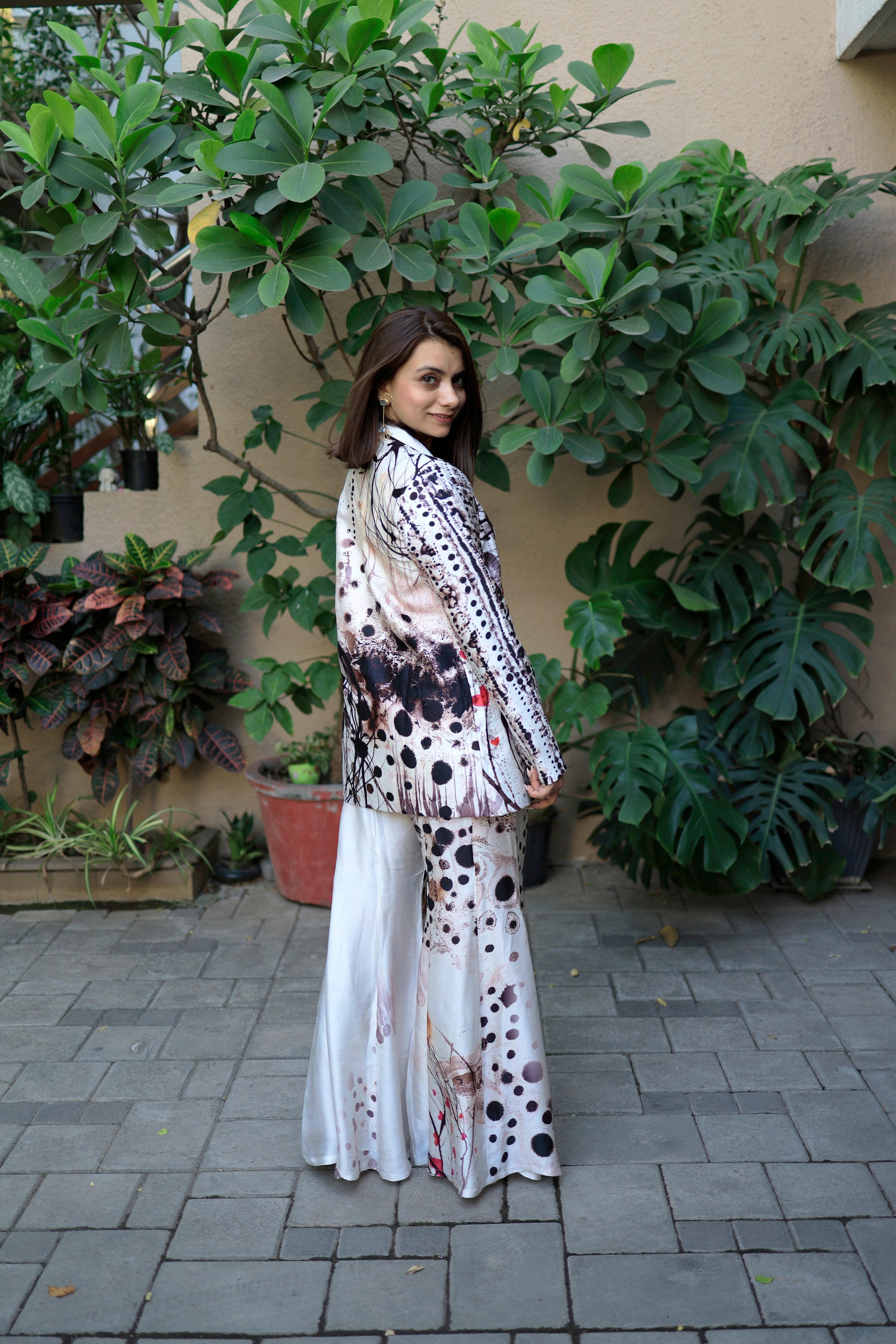 White and Black Abstract Ink Print Blazer Co-Ord Set