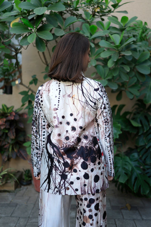 White and Black Abstract Ink Print Blazer Co-Ord Set