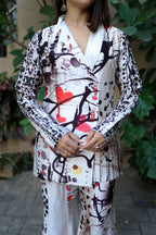 White and Black Abstract Ink Print Blazer Co-Ord Set