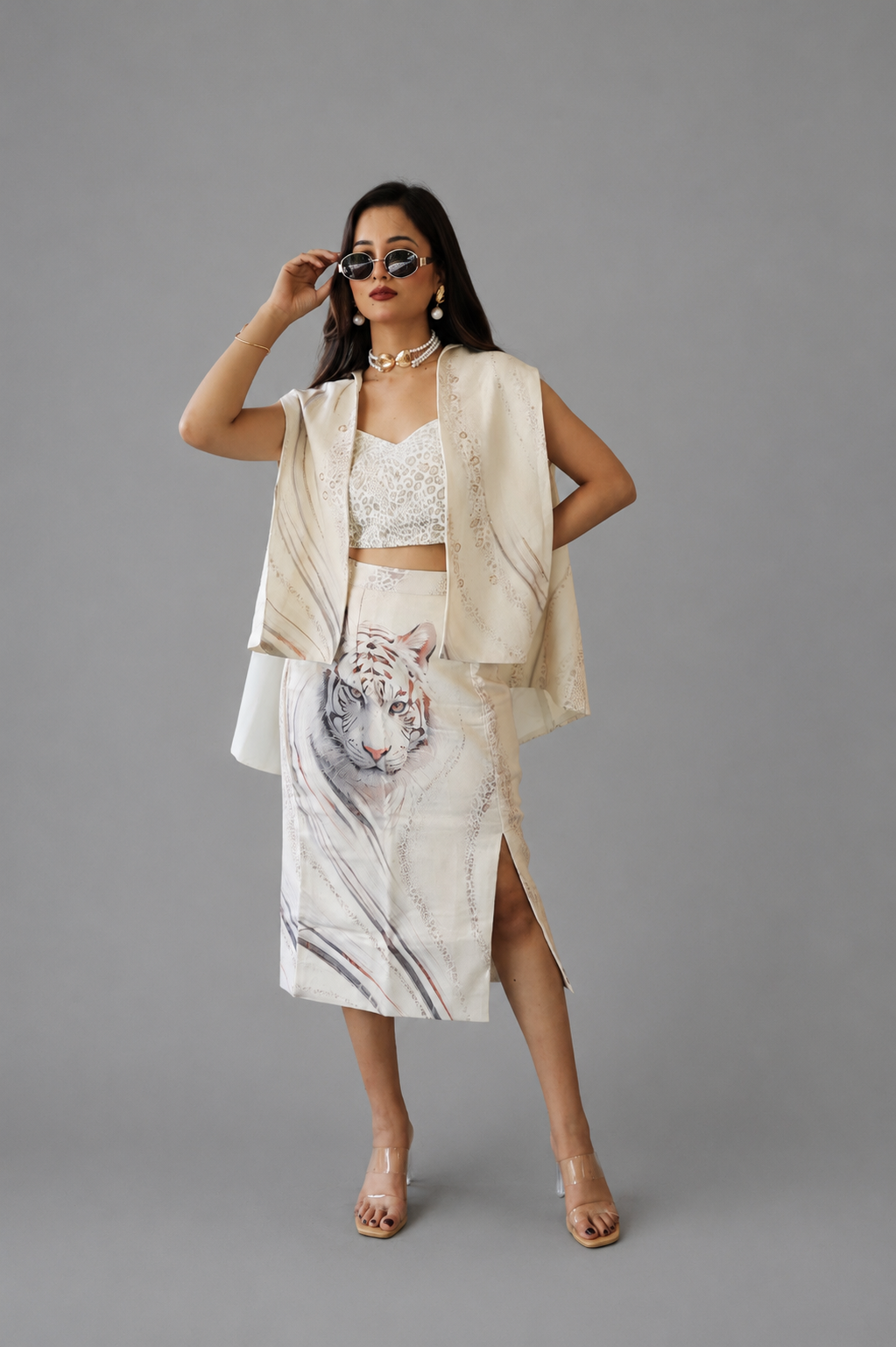 White Tiger Blazer & Pencil Skirt Set