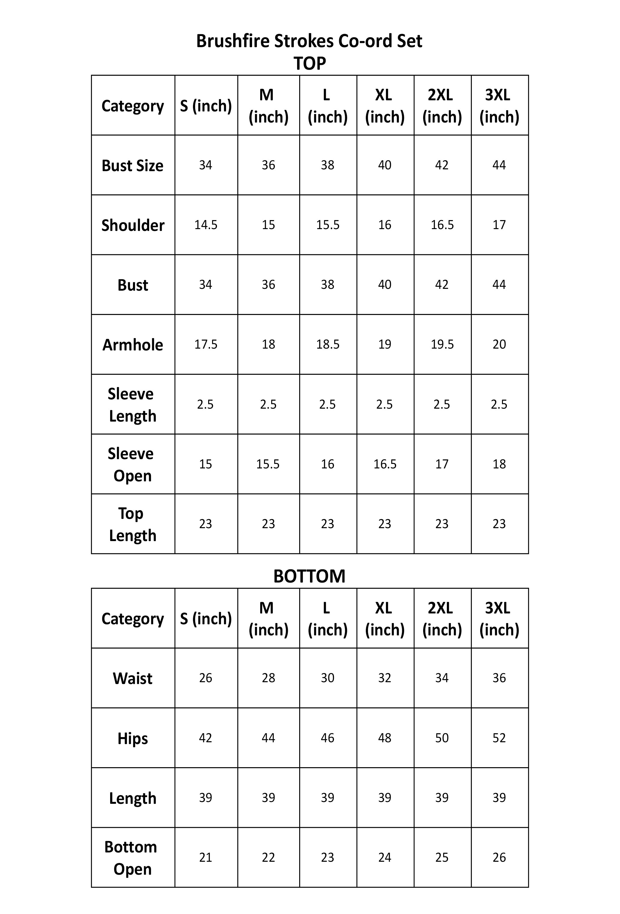 Size Guide Inches