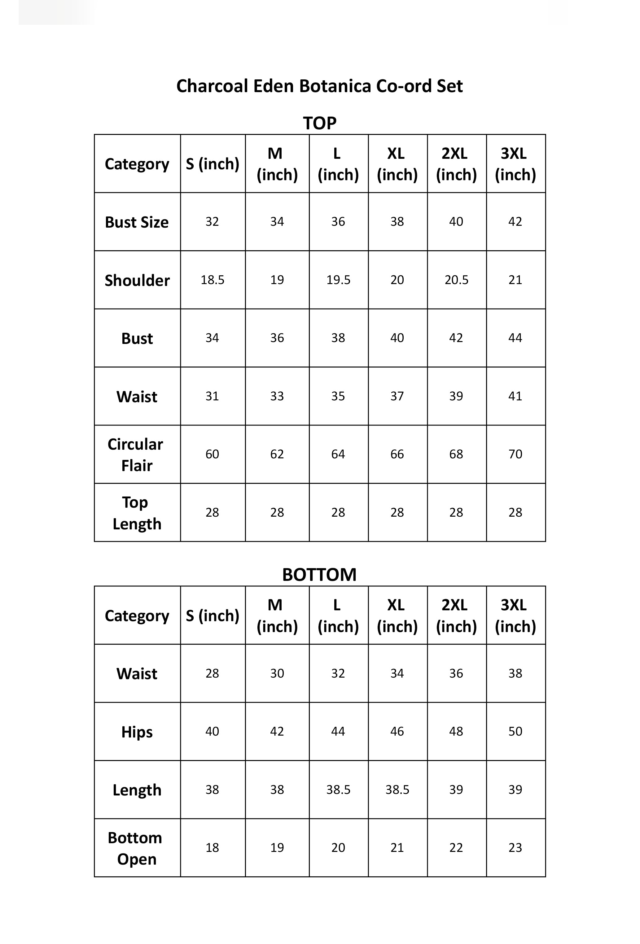 Size Chart Inches