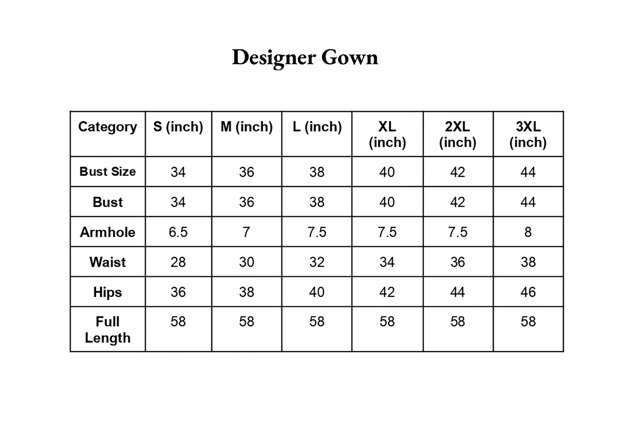 Size Chart Inches