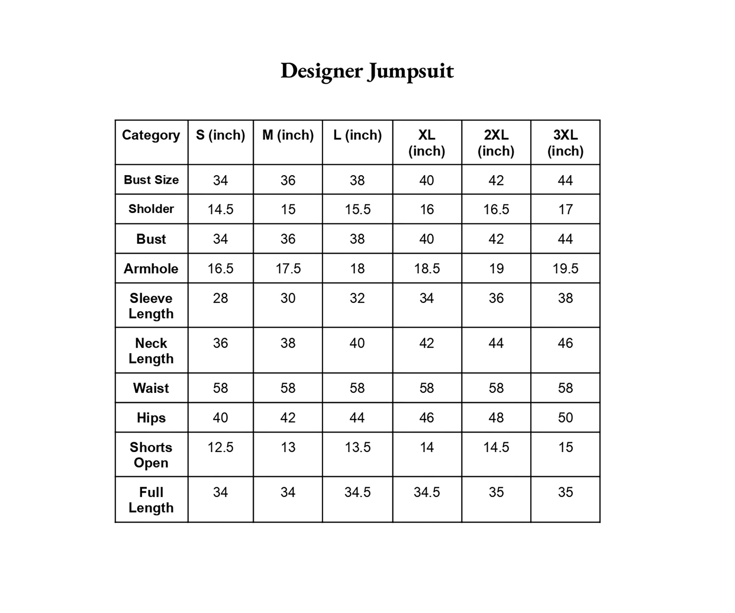 Size Chart Inches