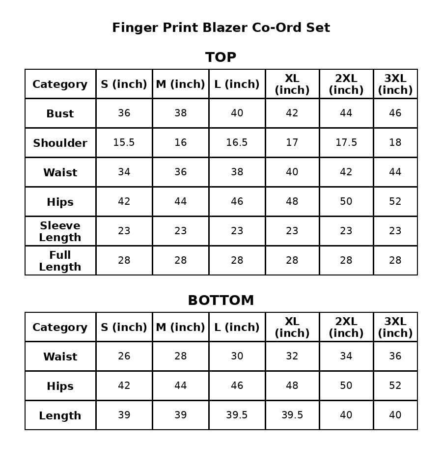 Size Chart Inches