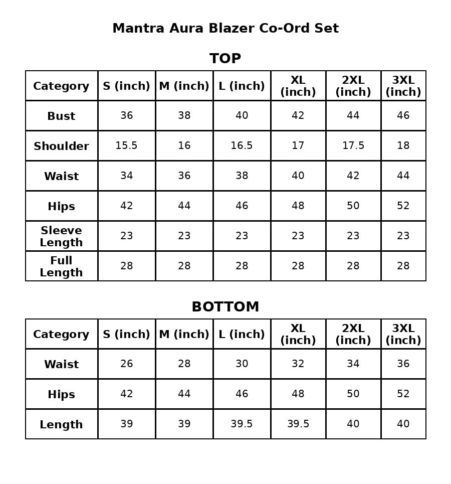 Size Chart Inches