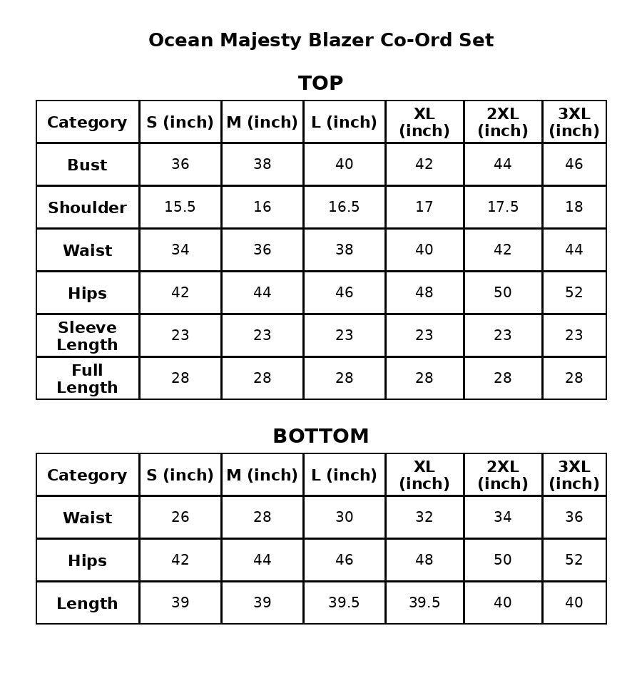 Size Chart Inches