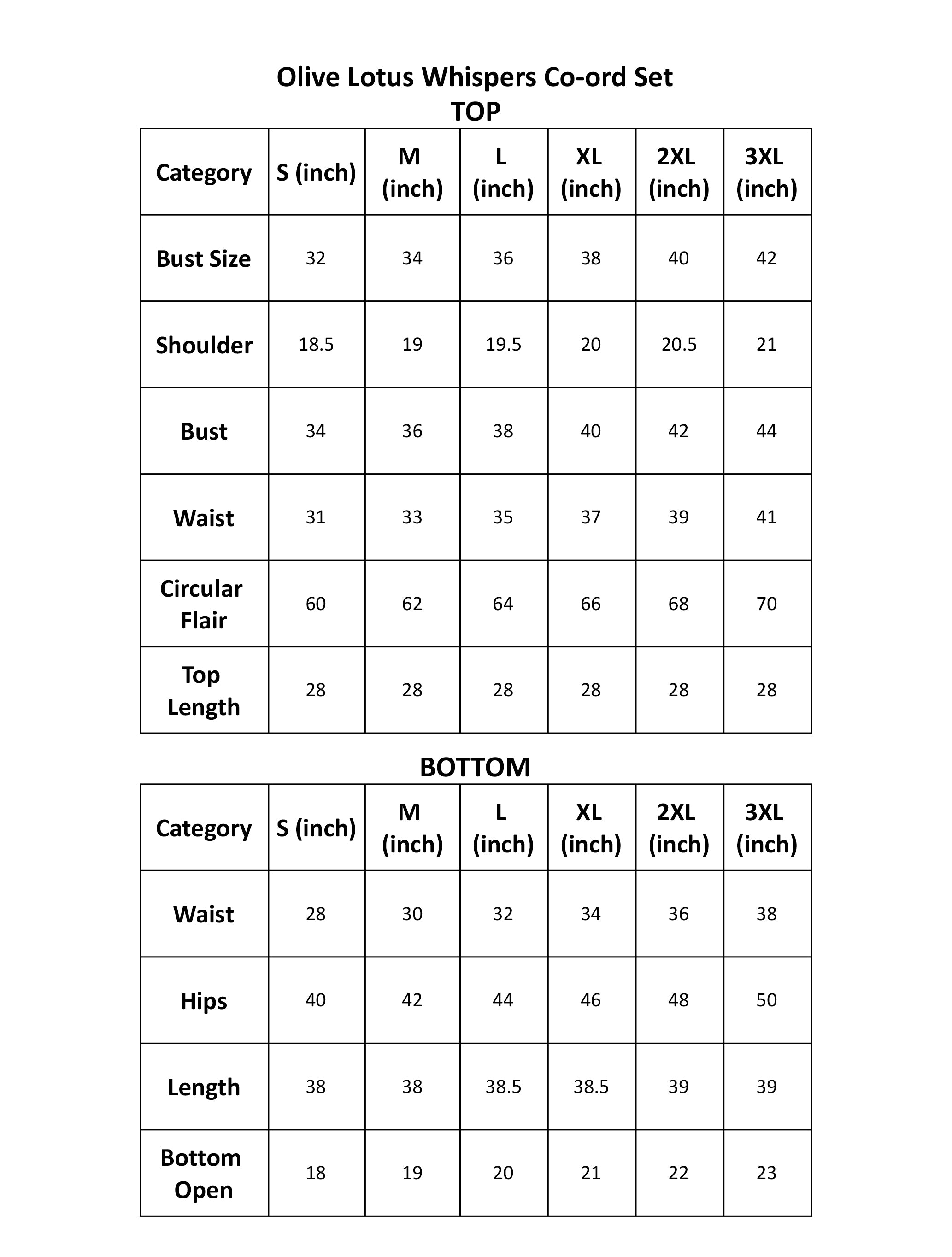 Size Guide Inches