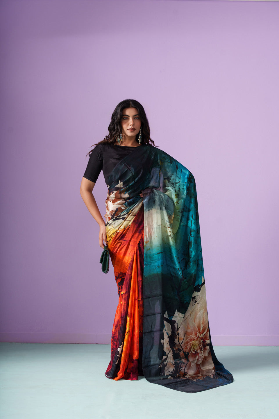 Northern Lights Aurora Floral Petals Saree