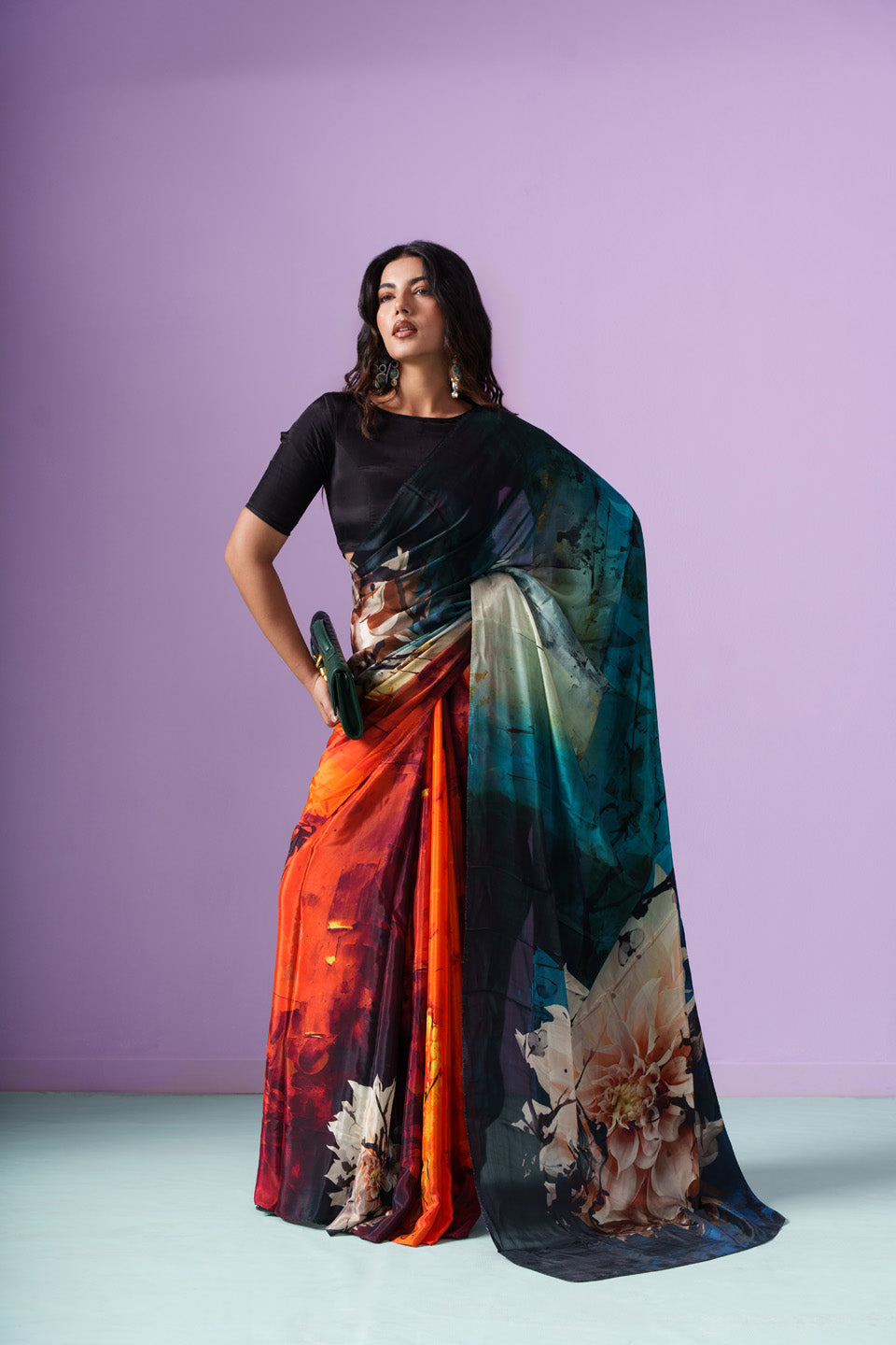 Northern Lights Aurora Floral Petals Saree