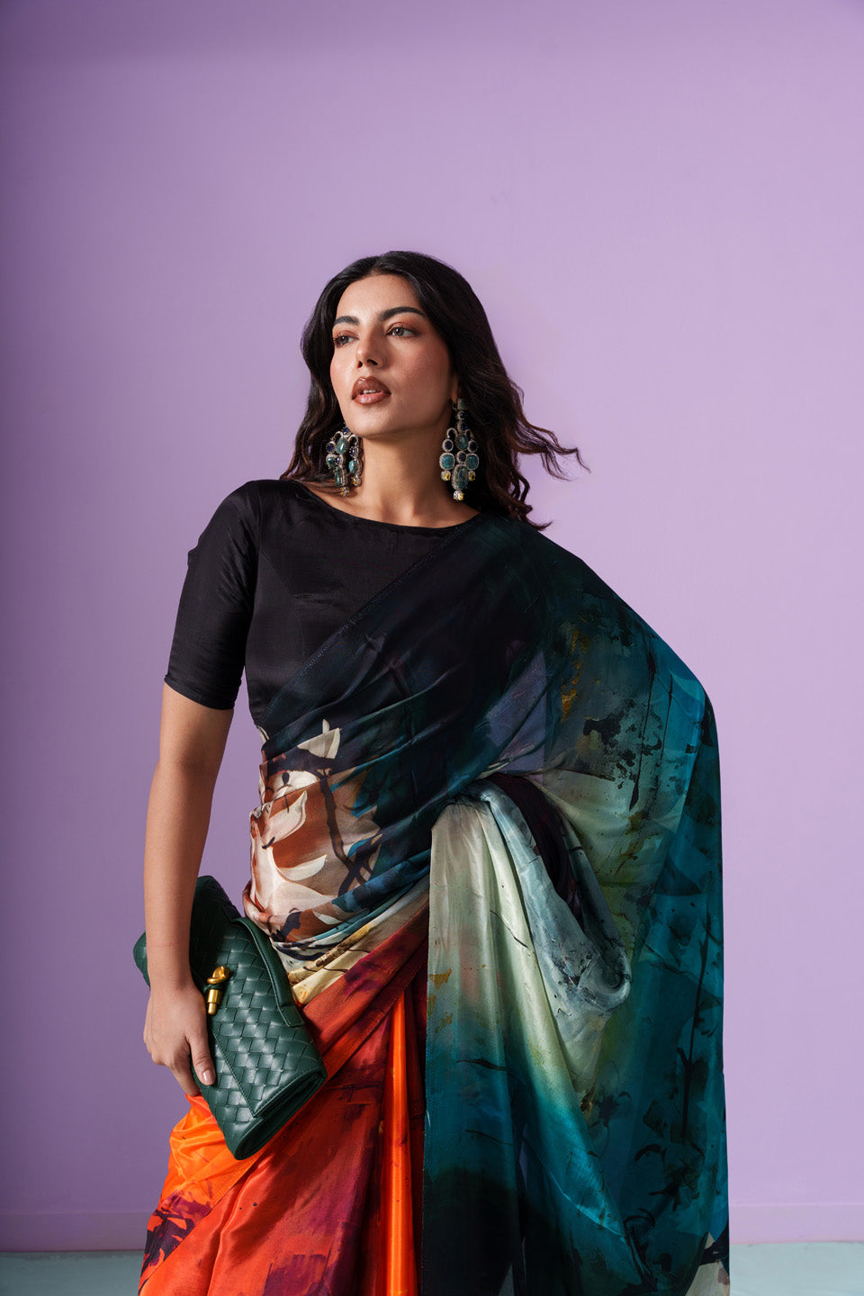 Northern Lights Aurora Floral Petals Saree
