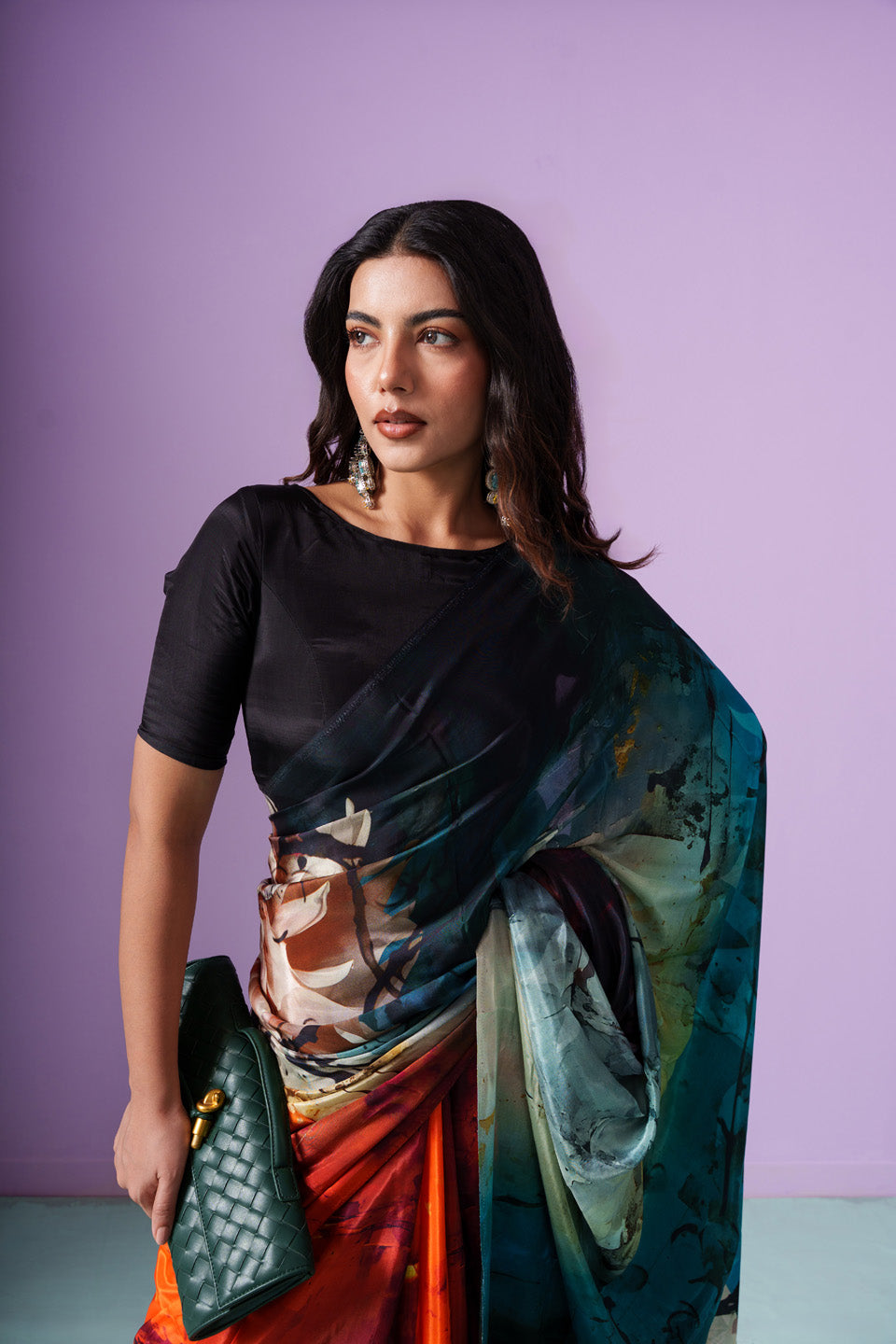 Northern Lights Aurora Floral Petals Saree