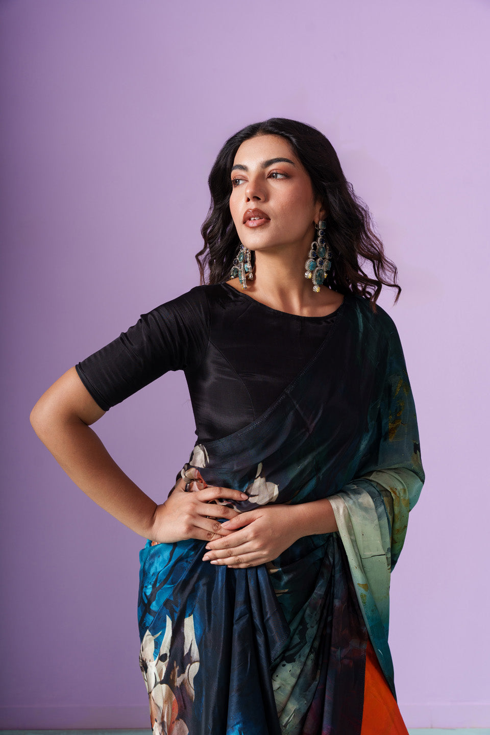 Northern Lights Aurora Floral Petals Saree