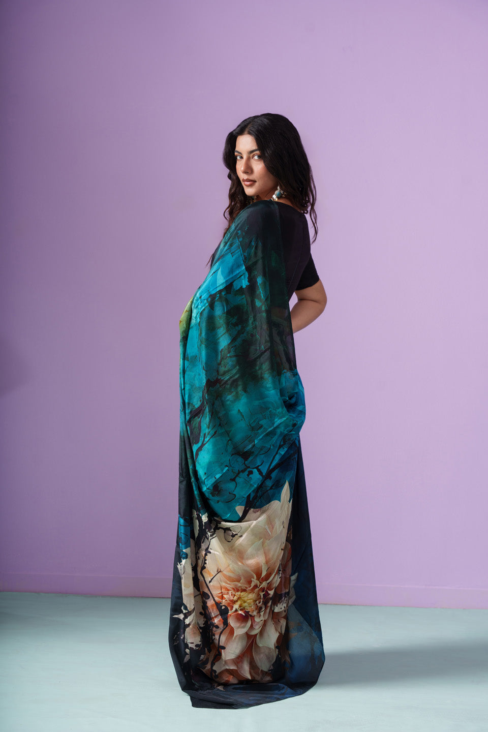 Northern Lights Aurora Floral Petals Saree