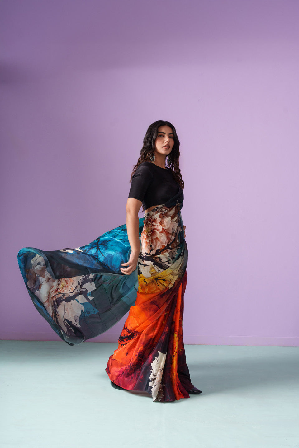 Northern Lights Aurora Floral Petals Saree