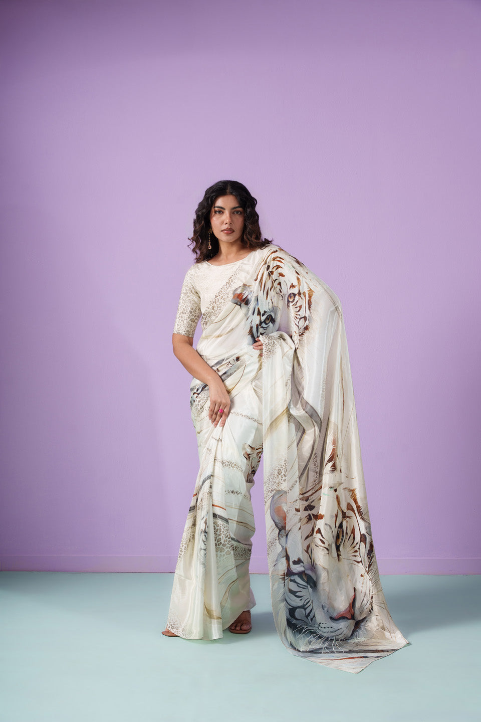 Bravery Bengal Wild White Snow Tigers Saree