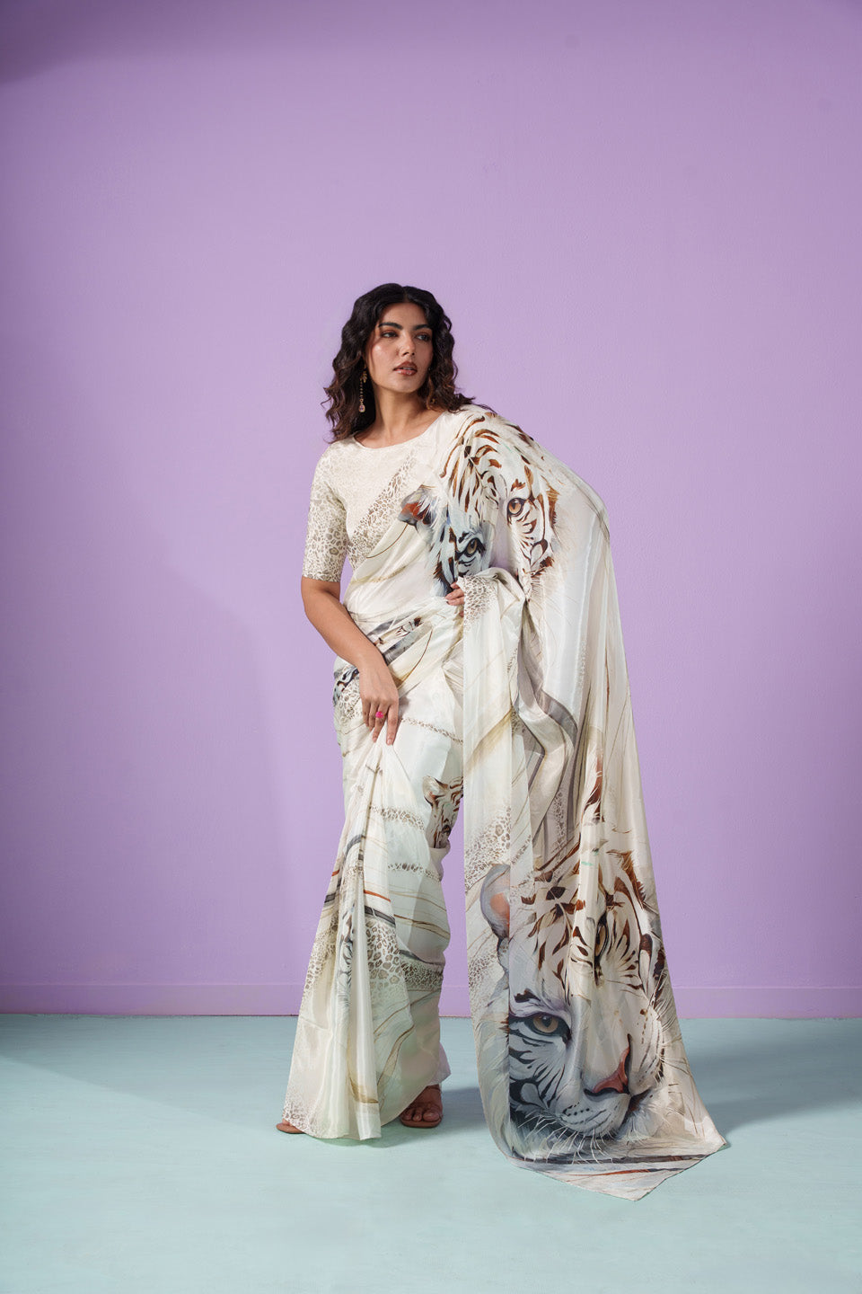 Bravery Bengal Wild White Snow Tigers Saree