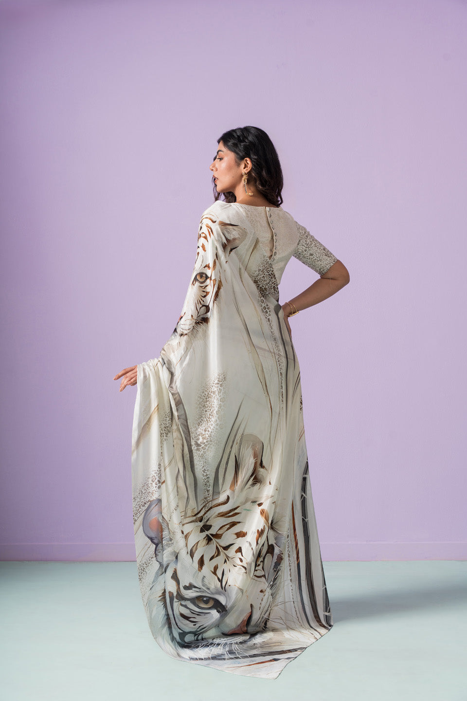 Bravery Bengal Wild White Snow Tigers Saree