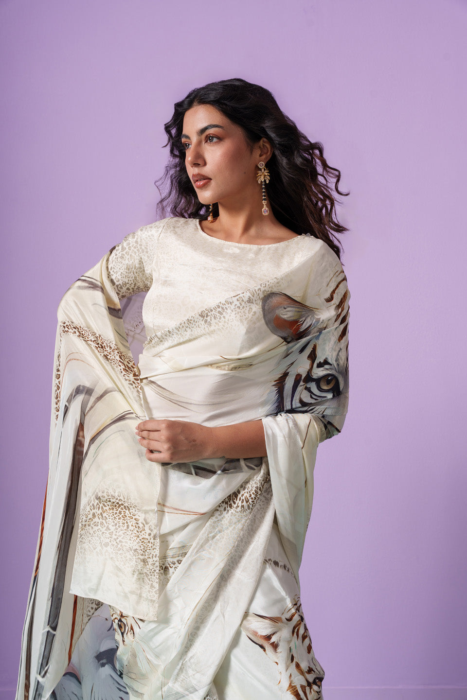 Bravery Bengal Wild White Snow Tigers Saree