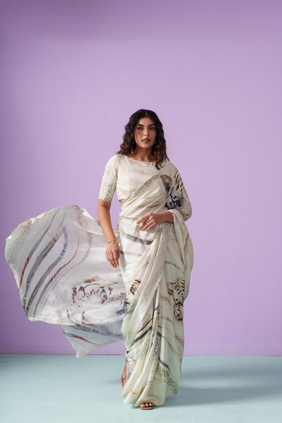 Bravery Bengal Wild White Snow Tigers Saree