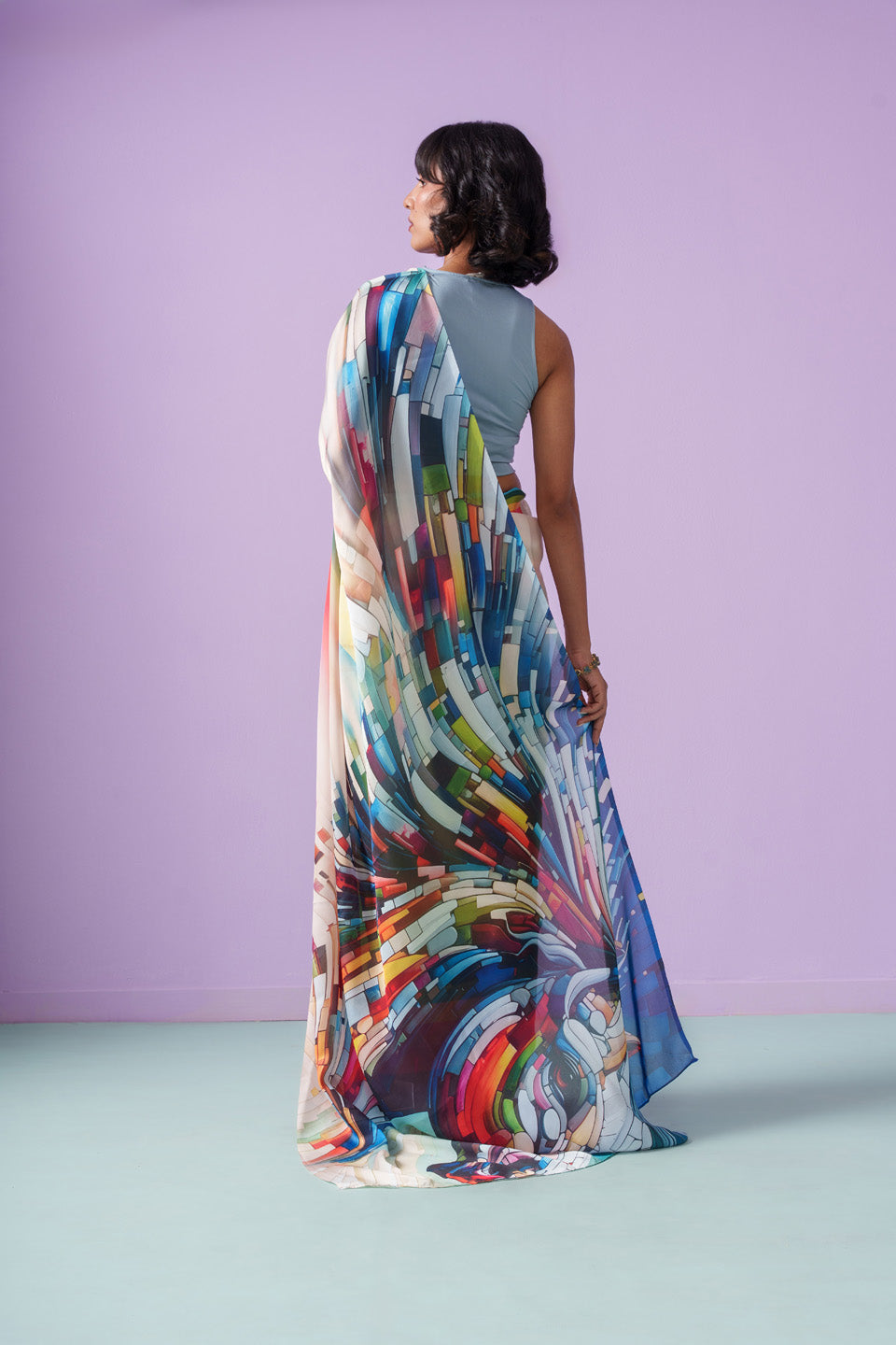 Prism Cascade Abstract Horse Saree
