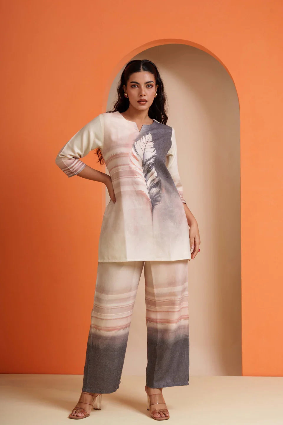 Women's viscose co-ord set with feather print, soft breathable fabric, stylish for parties and everyday wear