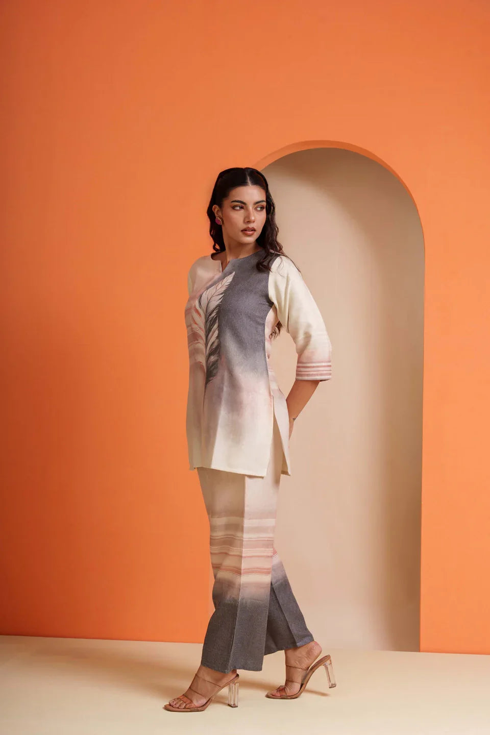 Woman in elegant viscose co-ord set with gradient print, perfect for parties and festive occasions