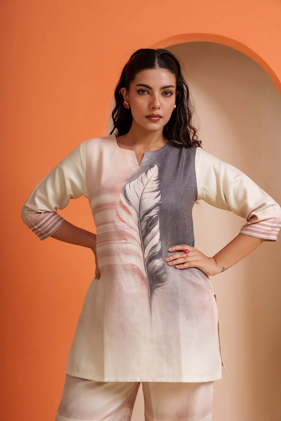 Women's viscose co-ord set with feather print, soft breathable fabric, elegant everyday wear