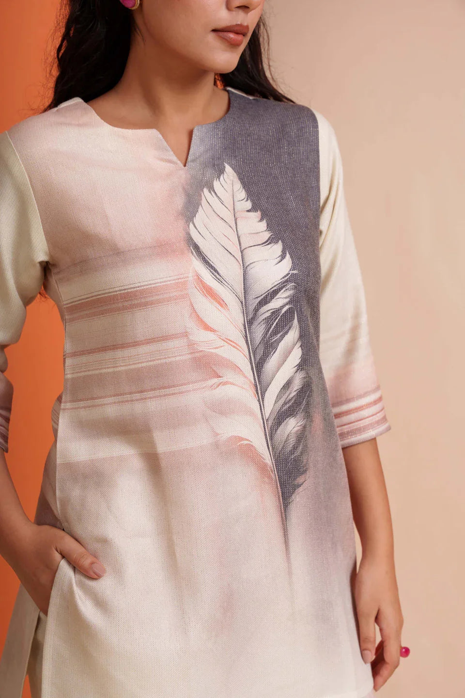 Cream viscose kurta with gray feather print, soft breathable fabric for festive or everyday wear