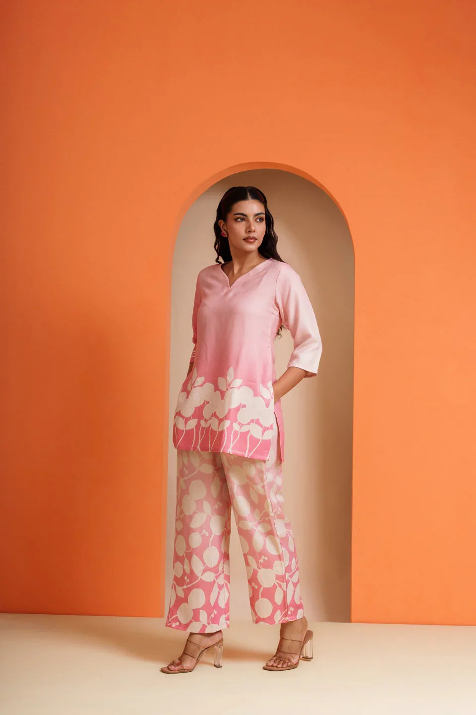Pink floral print co-ord set in pure viscose, stylish for parties and everyday wear