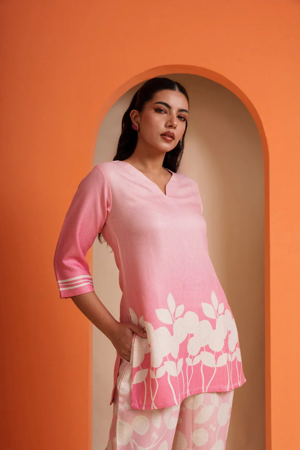 Pink viscose co-ord set with white floral print, elegant for parties and festive wear