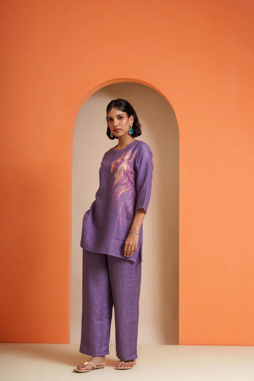 Purple viscose co-ord set with lion print, elegant women's wear for parties and festive occasions
