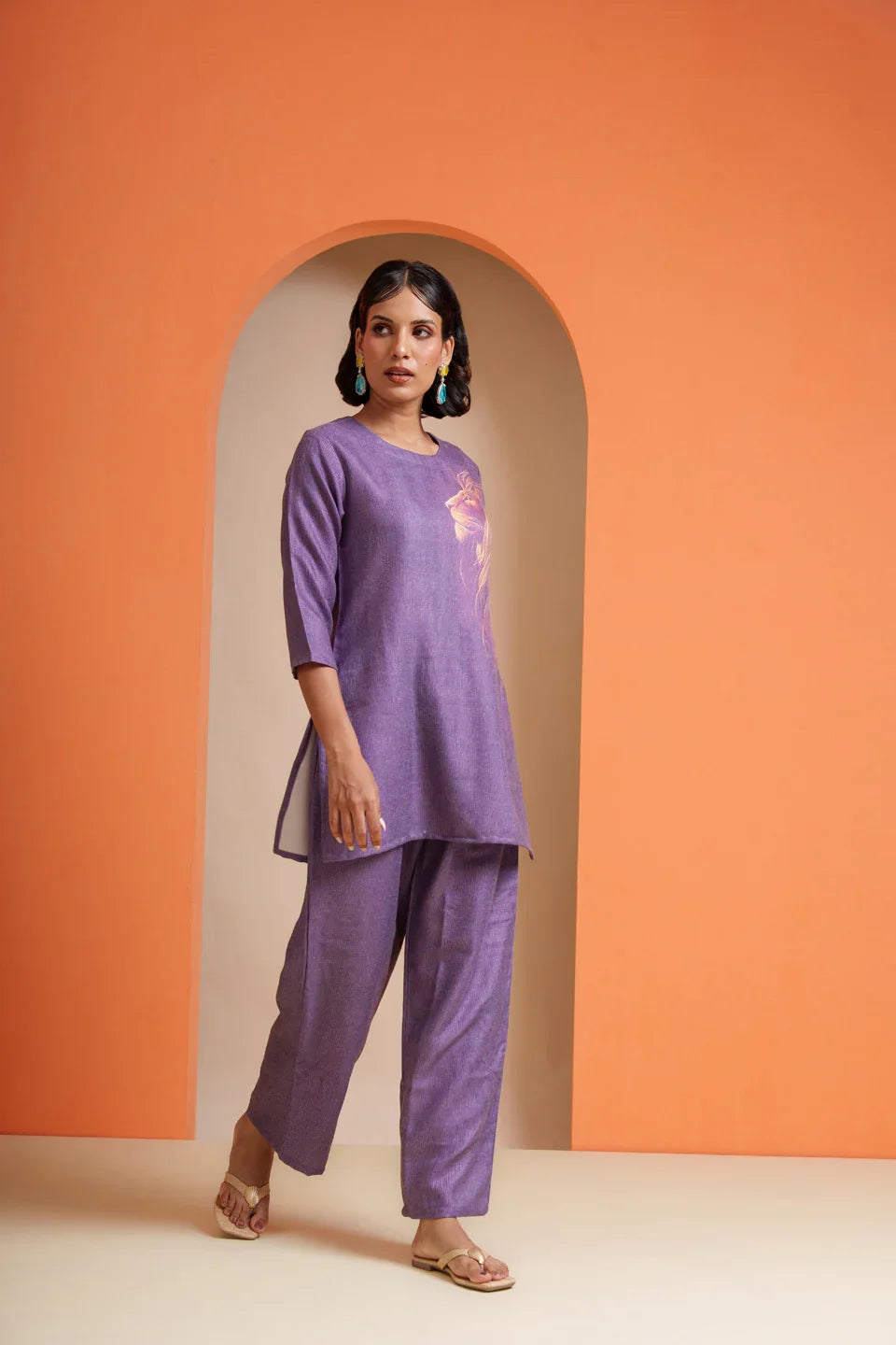 Purple viscose co-ord set with floral embroidery, perfect for festive occasions and everyday wear