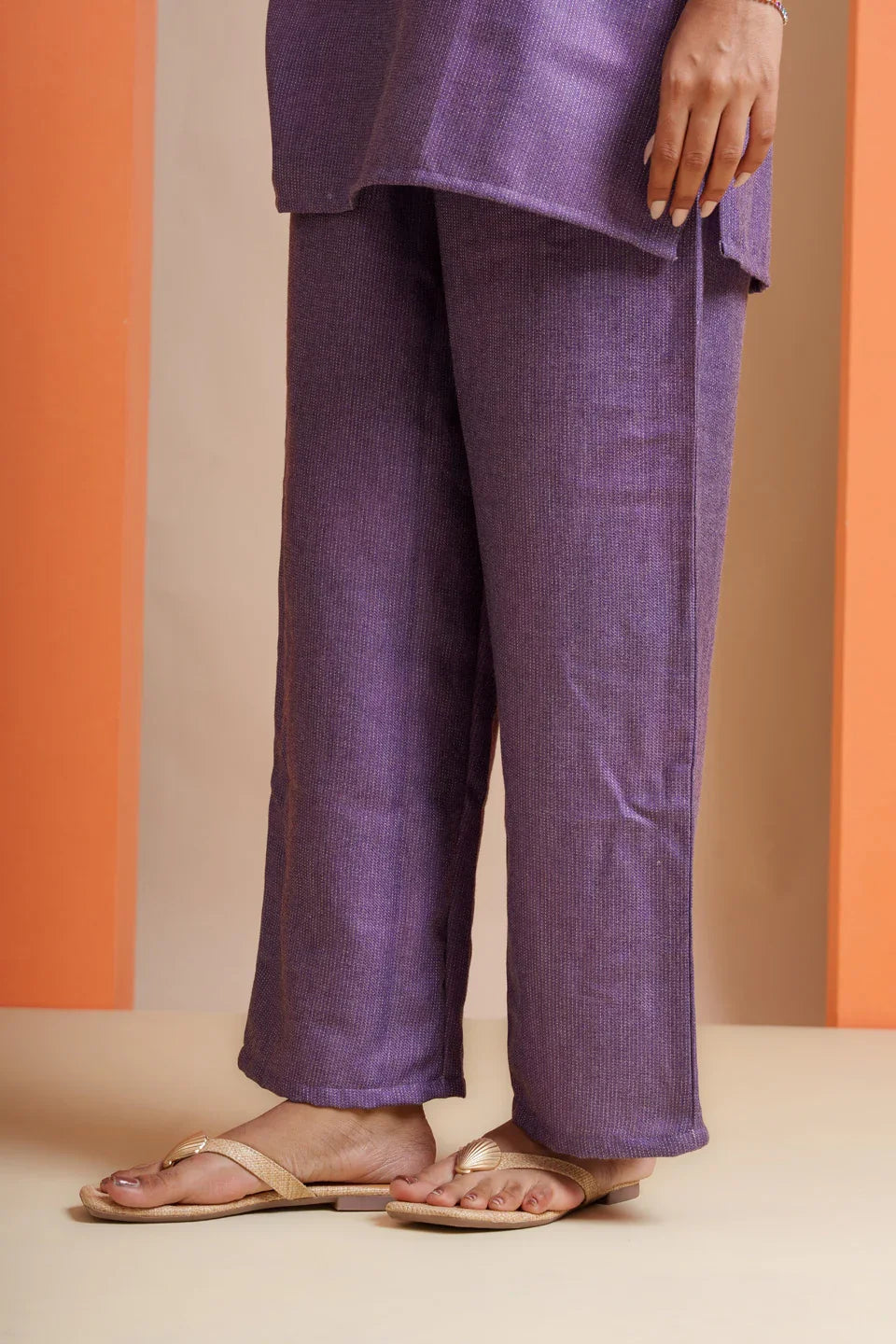 Purple viscose co-ord set with wide-leg pants and gold sandals, perfect for casual or festive wear