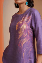 Purple viscose tunic with golden lion print, elegant designer wear for women