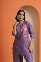 Purple viscose co-ord set with lion print, elegant for parties and festive occasions