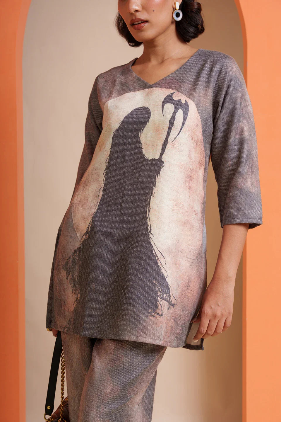Women's grey viscose co-ord set with abstract print, V-neck top and matching pants, stylish for casual or festive wear