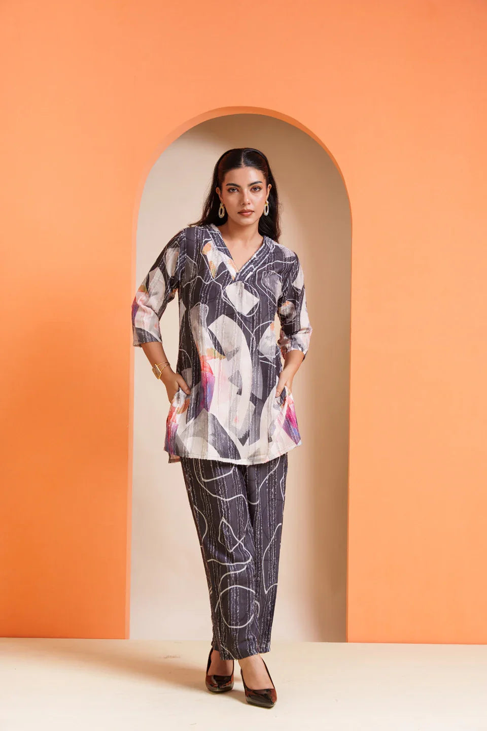 Abstract print co-ord set in pure viscose, stylish for parties and everyday wear