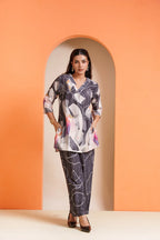 Abstract print co-ord set in pure viscose, stylish for parties and everyday wear