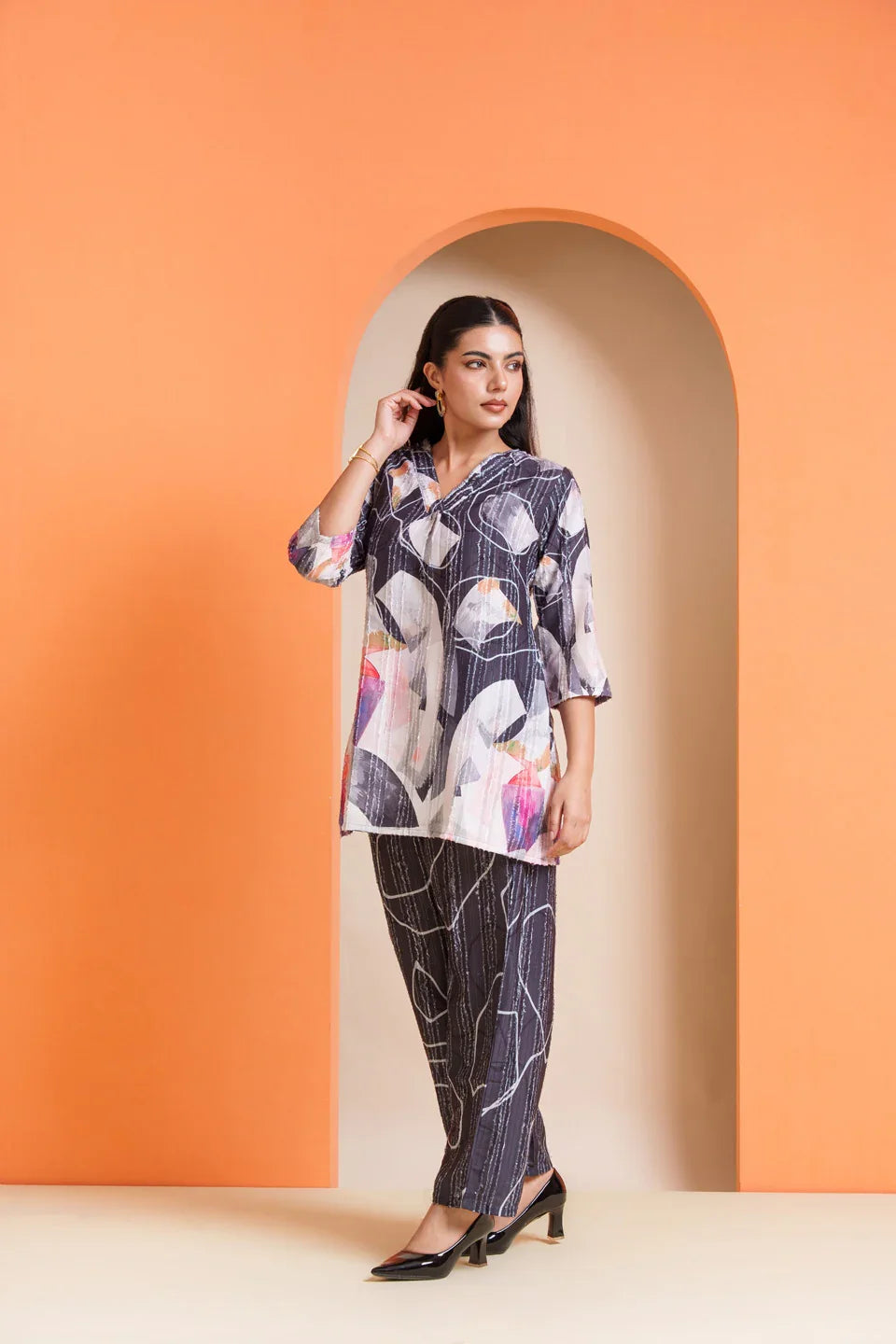 Abstract print women's co-ord set in viscose fabric, stylish for parties or everyday wear