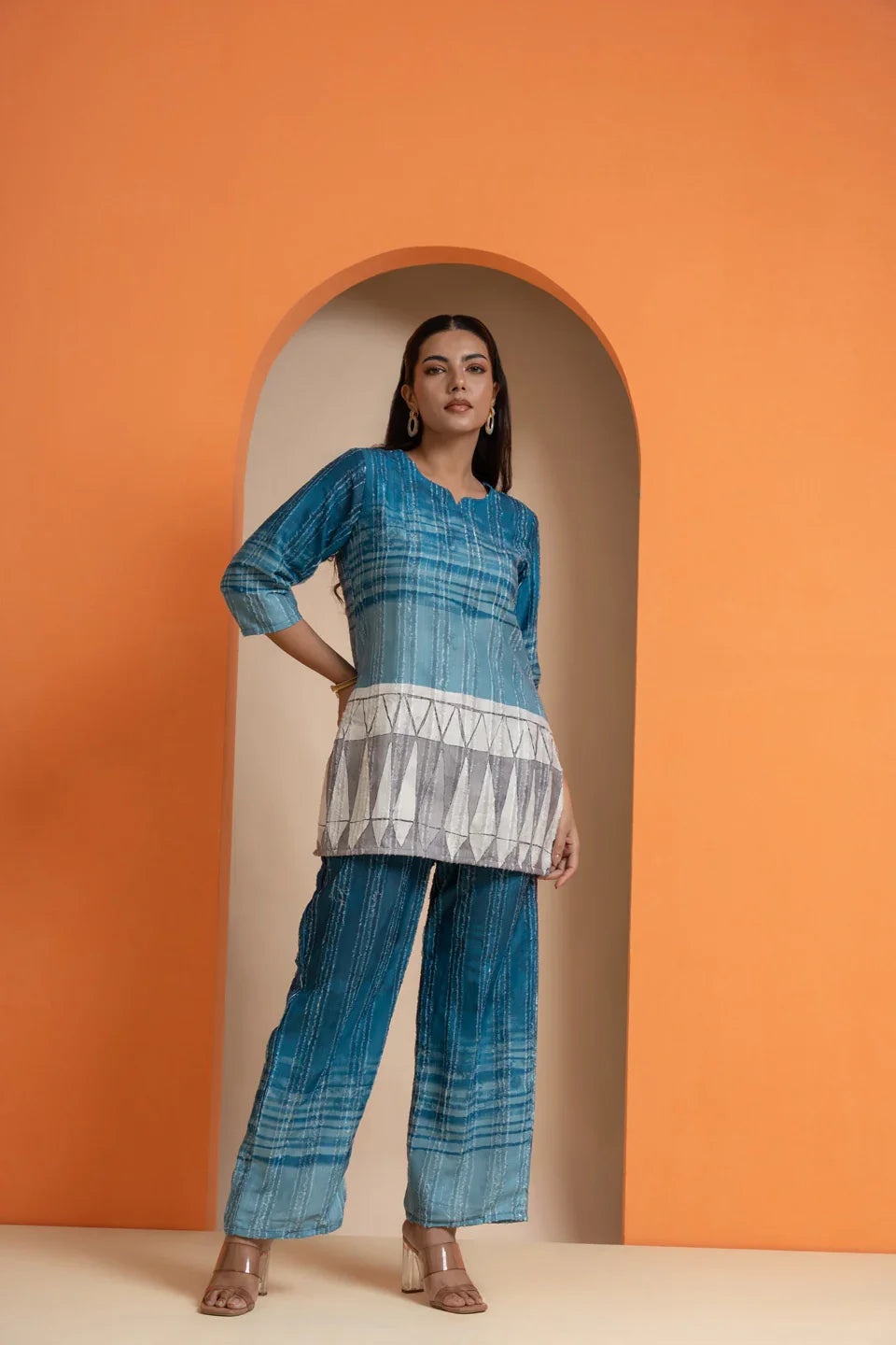 Blue printed co-ord set with geometric panel, stylish women's wear for parties and daily use