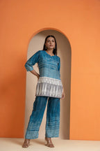Blue printed co-ord set with geometric panel, stylish women's wear for parties and daily use