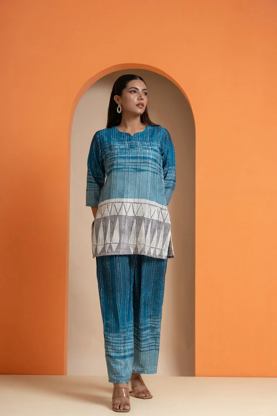 Blue printed co-ord set with geometric panel, pure viscose fabric for women, stylish everyday wear