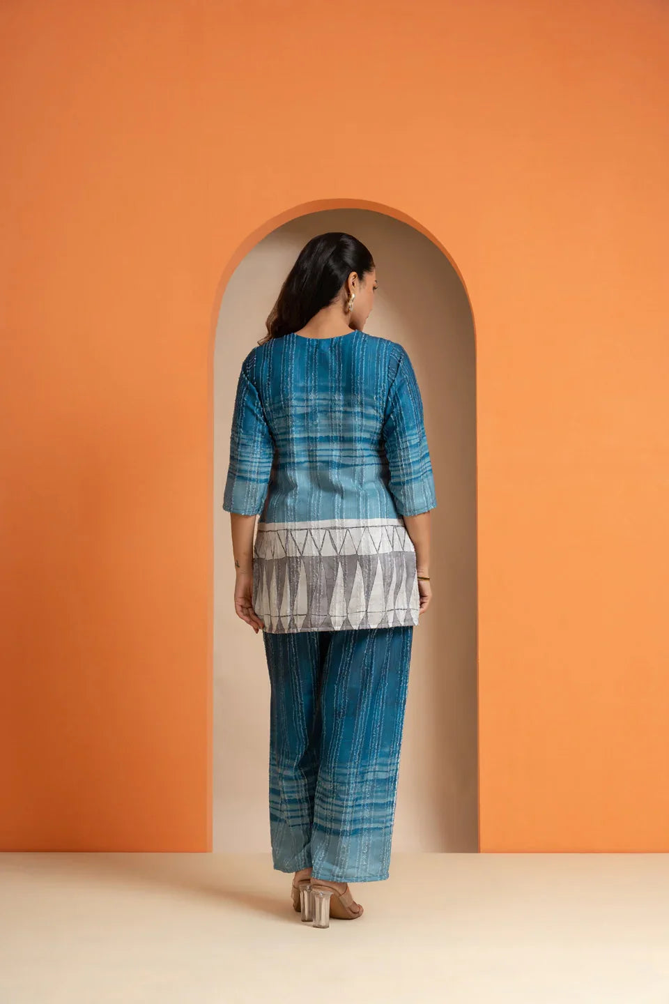 Blue plaid co-ord set with geometric hem, styled for festive or party wear, in breathable viscose fabric