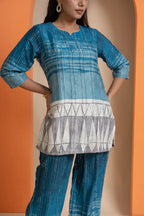Blue viscose co-ord set with geometric print, perfect for festive occasions and parties