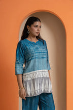 Blue striped viscose co-ord set with geometric print, perfect for festive occasions and parties