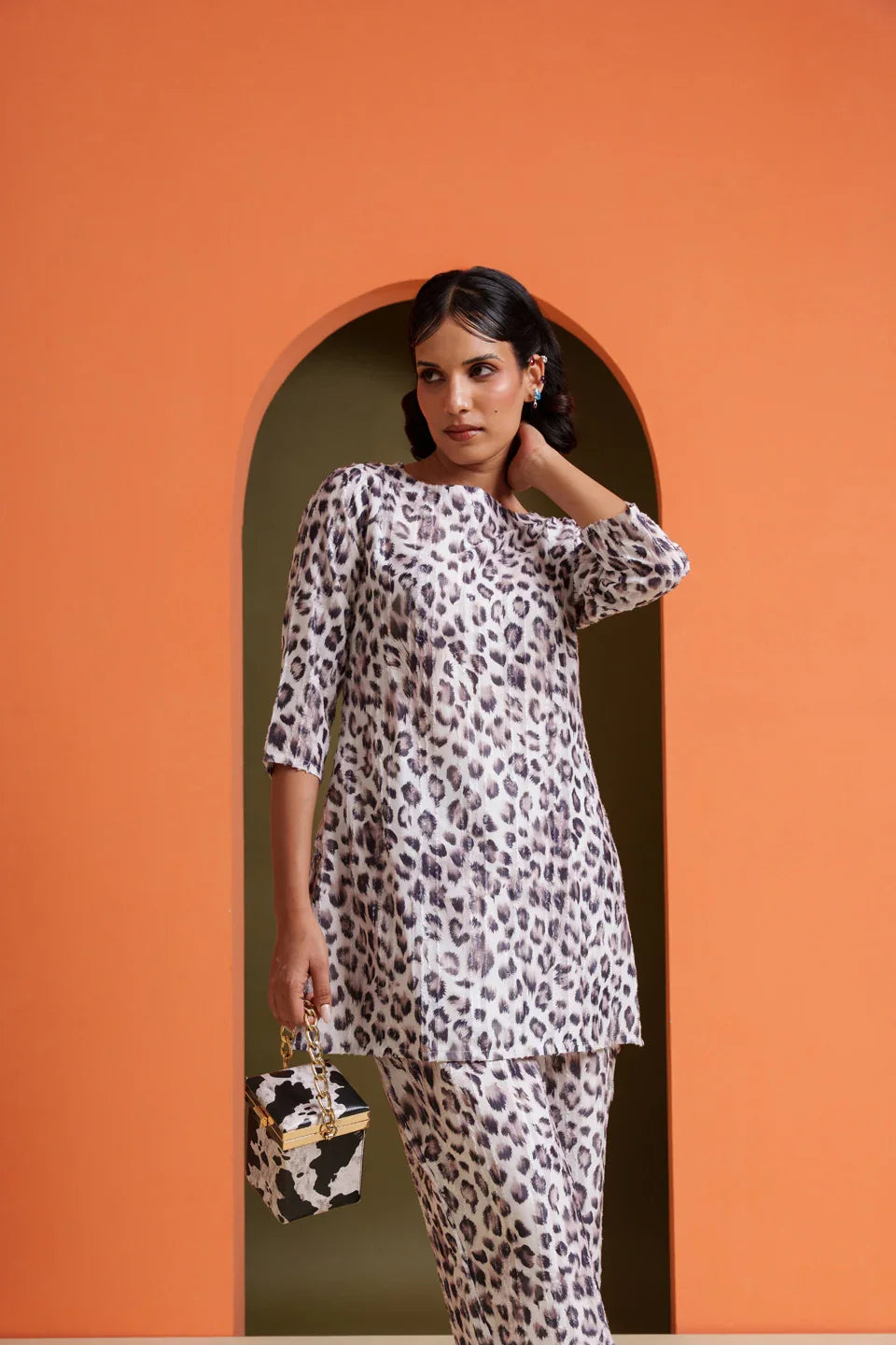 Leopard print co-ord set in pure viscose, stylish for parties and everyday wear